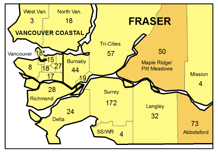 A map showing the geographic breakdown of new COVID-19 infections in the Lower Mainland for the week ended June 12.