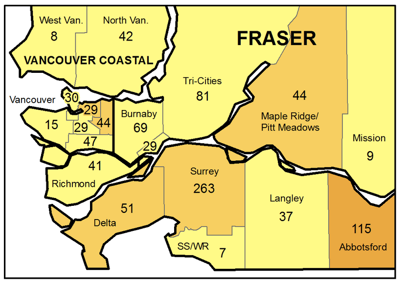 A map showing the geographic breakdown of new COVID-19 infections in the Lower Mainland for the week ended June 5, 2021.