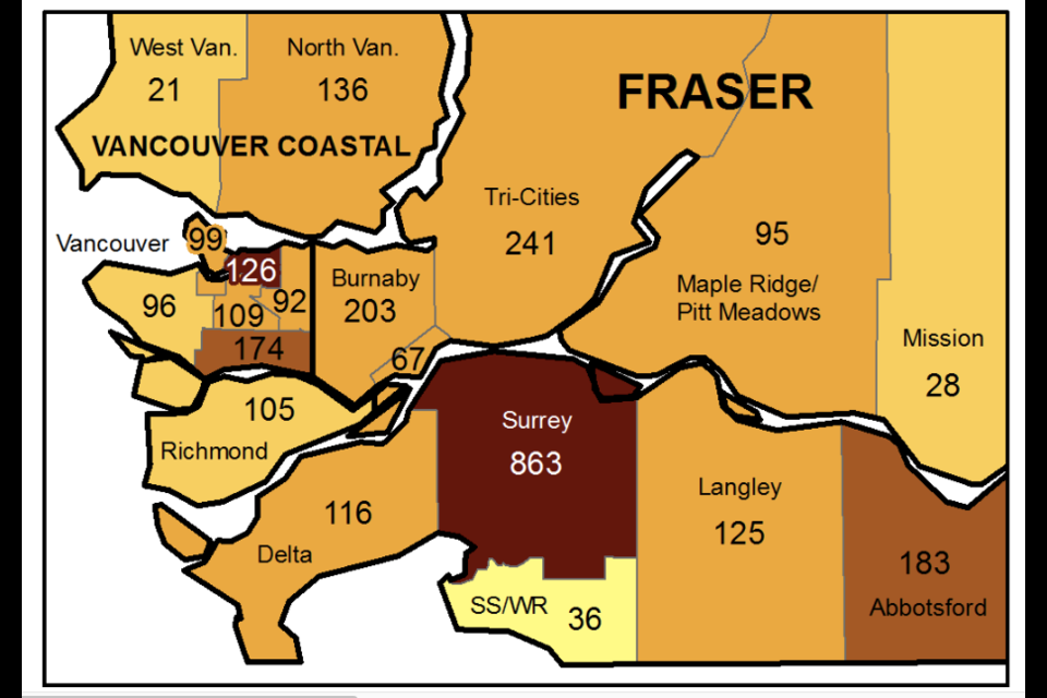 A map shows the geographical breakdown of COVID cases in the Lower Mainland for the week ended March 4, 2021.