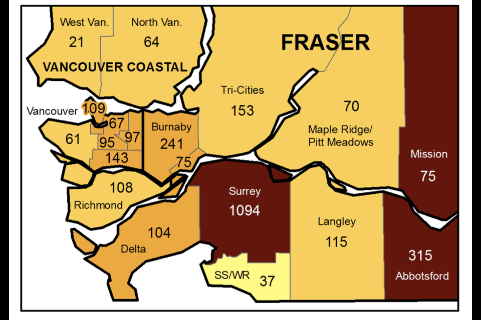 A map shows the geographical breakdown of new COVID cases in the Lower Mainland for the week ending May 15, 2021.