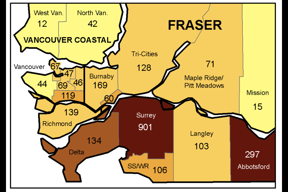 A map showing the geographical breakdown of new coronavirus cases for the week ending Jan. 2 in the Lower Mainland.