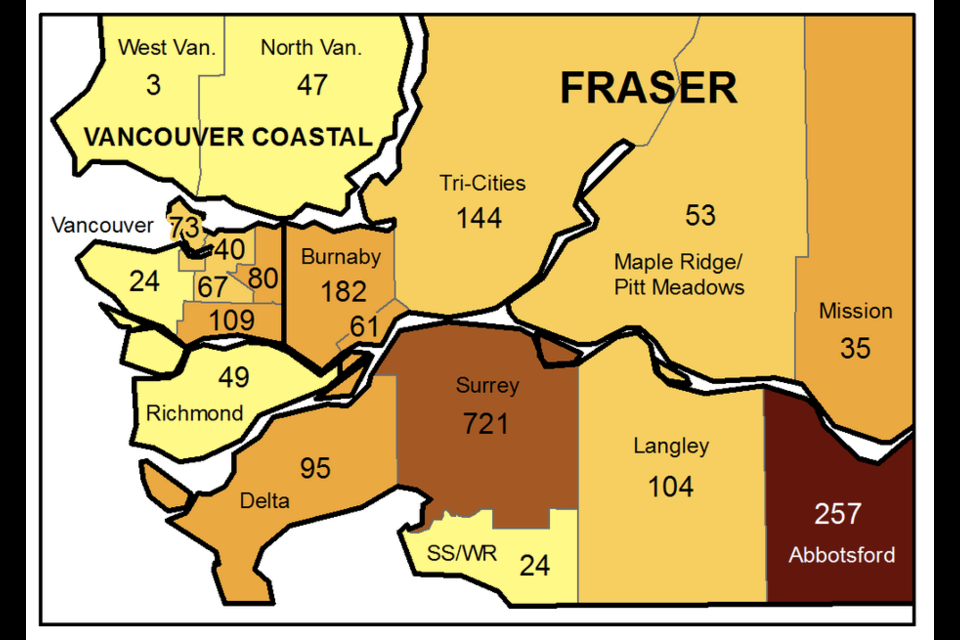 A map showing the geographical breakdown of new COVID infections in the Lower Mainland for the week ending May 22.