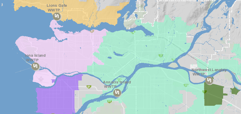 A map showing the areas served by different sewage treatment plants in Metro Vancouver