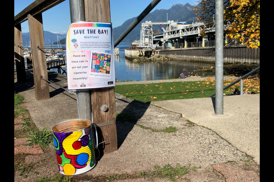 Cigarette butt bins painted by Gleaneagles Elementary students are now scattered around Horseshoe Bay as part of the Save the Bay community-led initiative. 