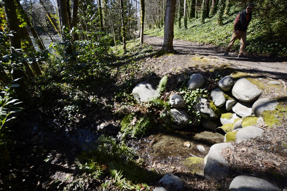 Signs warning the public to avoid the area have been removed. Water flows freely down the stream on Saturday, April 1. | Nick Laba / North Shore News