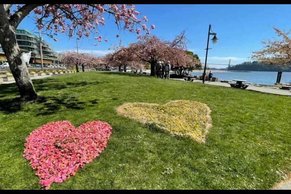 Three brightly coloured flower-petal hearts were spotted near Ambleside Pier on April 21, 2021.