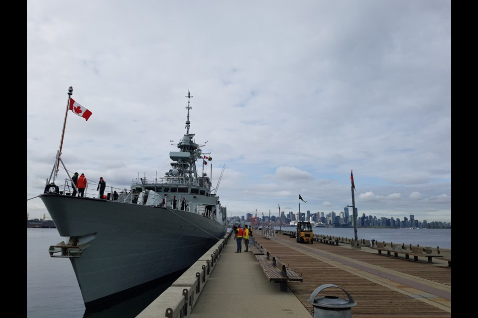 HMCS Vancouver docked at around 9:30 a.m. Friday, April 29 at the Burrard Dry Dock Pier in North Vancouver.