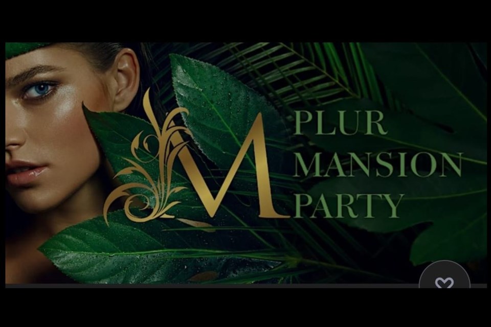 An online poster advertises a 'Plur Mansion Party,' run by Plur Promotions, a Vancouver-based promoter of 'sex-positive and alternative fetish events.'