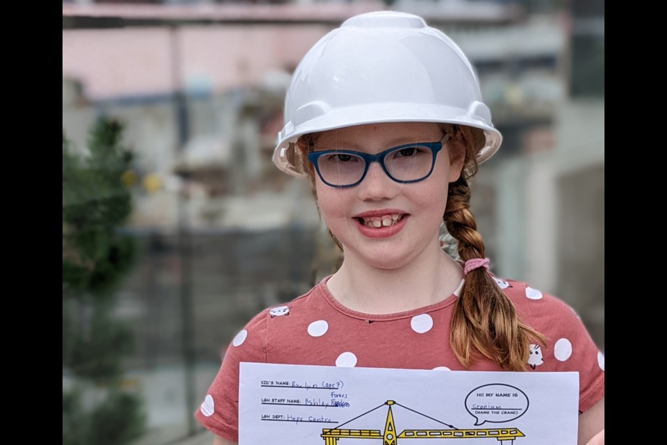Evelyn (Evie) Salter, 7, recently  won a crane-naming contest to name the crane building a new acute care tower at Lions Gate Hospital in North Vancouver.