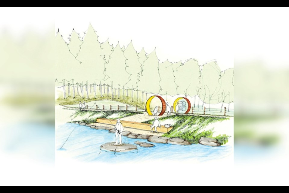 Proposed design features on the southern dam include water main pipe looking portals and a wide lake-side bench.