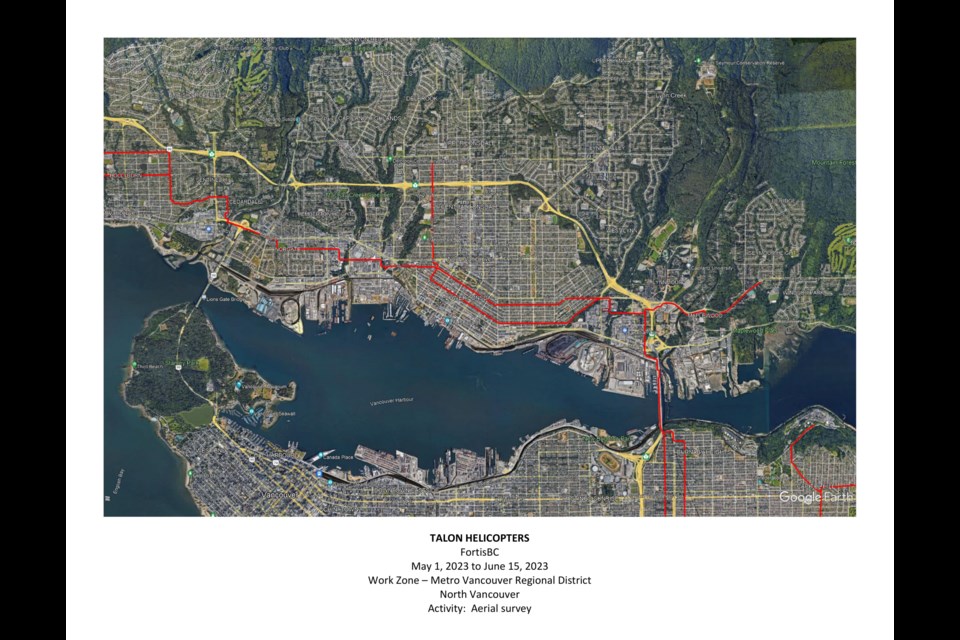 The red lines indicate helicopter flight paths over North Vancouver.