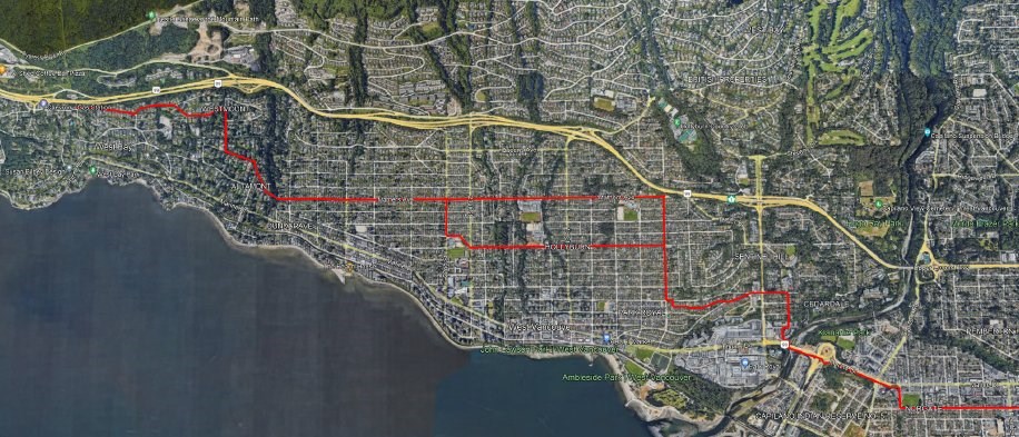 The red lines indicate flight paths over West Vancouver