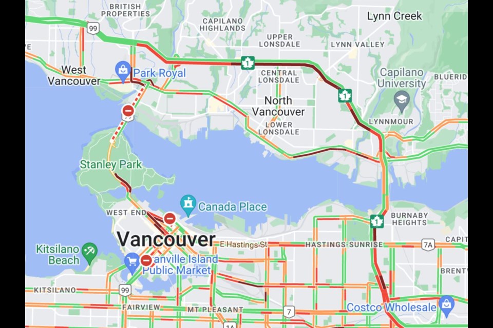 Heavy congestion remained after the tree was cleared from the Vancouver Causeway. | Google Maps