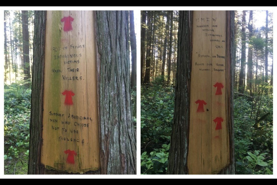 These trees with powerful succinct messages about Missing and Murdered Indigenous Women and Girls can be found on the Baden Powell Trail in the Lower Seymour Conservation Reserve. 