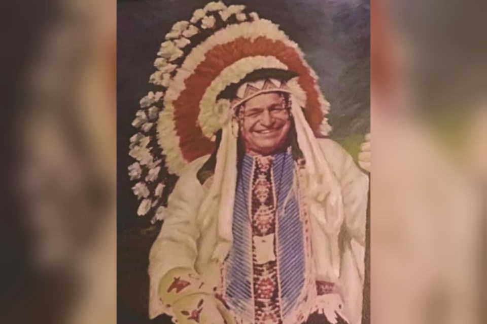 Ron Baker wearing the headdress gifted to him by his father, late Squamish Nation Chief Simon Baker, about 30 years ago.