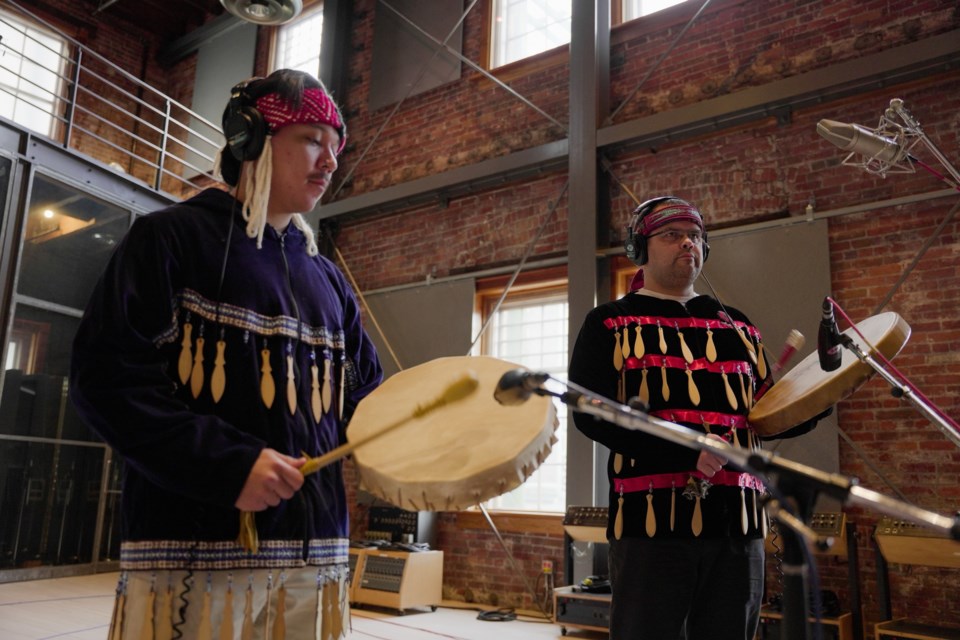 Tsleil-Waututh Nation members Hunas (William George-Thomas)  and Robert D. George sing the Nation's welcome song to be incorporated into the World Cup 2026 theme song Vancouver remix. | City of Vancouver 