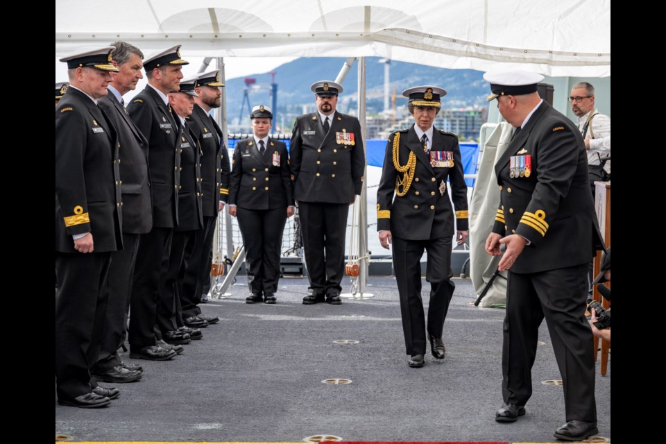 Her Royal Highness Princess Anne, Commander in Chief, Canadian Fleet Pacific is greeted by Commander Collin Forsberg, Captain of His Majesty's Canadian Ship Max Bernays ahead of the ship's commissioning ceremony on May 3, 2024, in North Vancouver, British Columbia.

