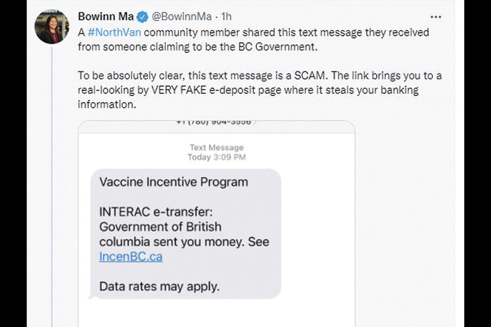 North Vancouver-Lonsdale NDP MLA Bowinn Ma's tweet alerts residents to a scam, Jan. 31 2022.