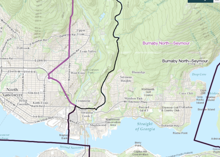 A map showing current riding boundaries in North Vancouver (black line) and proposed changes (purple line).