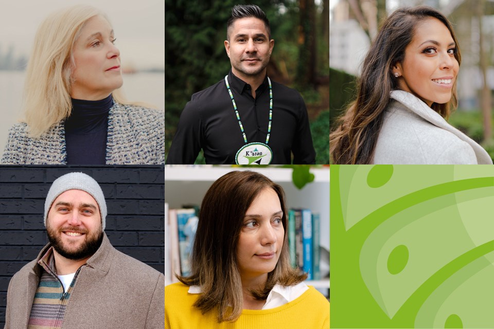 2022 Capilano University Alumni Award recipients (left to right): Karen Roussy, Dennis Thomas-Whonoak, Gigi Saul Guerrero, Andrew Kopecki and Maryam Antikchi.