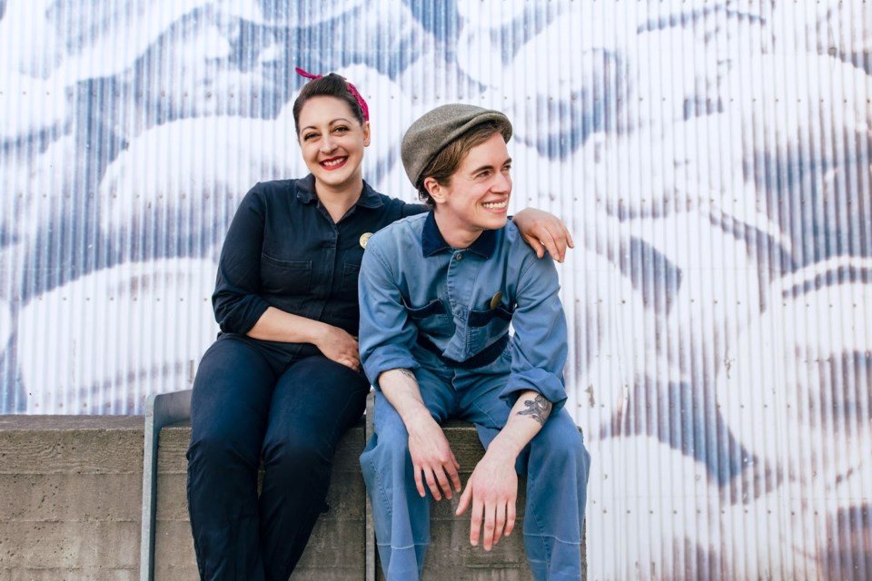 Actor-Interpreters Kelsey Ranshaw and Charlie Cook in character as The Shipyards Pals, sitting side by side in Victory Ship Way.