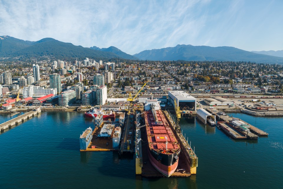 An aerial drone shot of Seaspan’s drydock in North Vancouver.