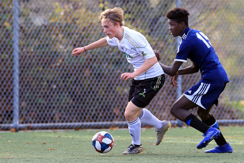 Nick Zaparniuk of the Argyle Pipers senior boys soccer team finds some room to run at the coastal championships held Nov. 25-27 at Burnaby Lake Sports Complex West. 