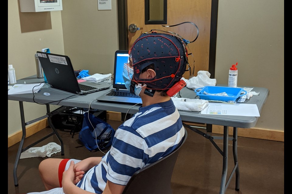 Abtin Zetab from the North Shore Basketball Academy gets his brain function measured as part of the Brain and Body Performance Optimization program from the Surrey Neuroplasticity Clinic.
