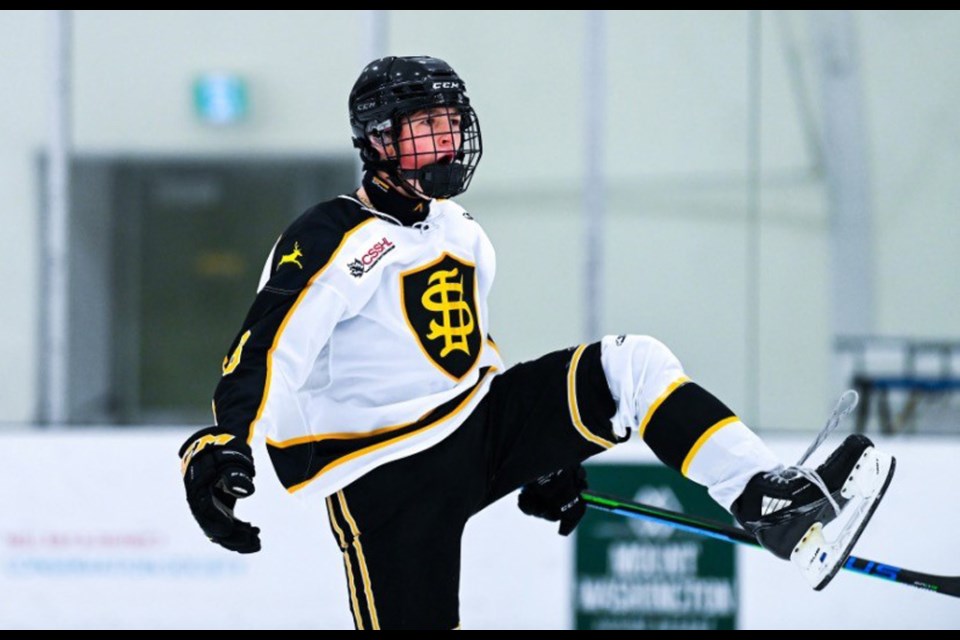 Cohen (Coco) Armstrong celebrates a goal while playing for the Shawnigan Lake School U17 Prep team.
