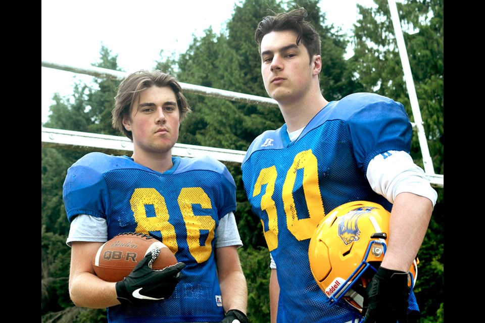 Grade 12 Handsworth Royals football team members Brennan Madill (left) and Ben Patillo put their game faces on in anticipation of their first game in almost two years.