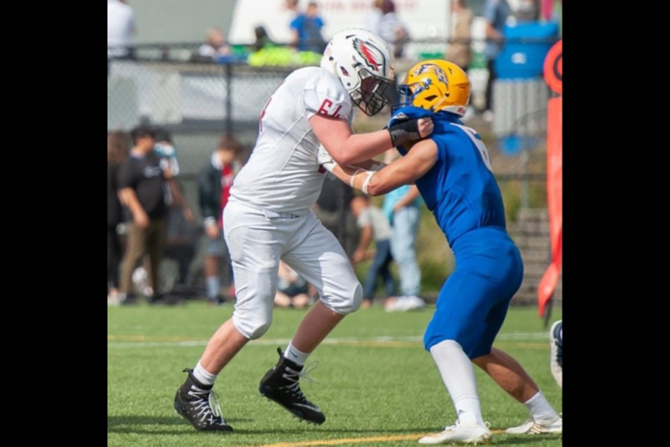 Lineman Joe McNulty makes a play for the Carson Graham Eagles football team during his Grade 11 season in 2019. McNulty is headed to the University of Toronto for the fall of 2021 after missing his entire Grade 12 season due to COVID-19 restrictions.  