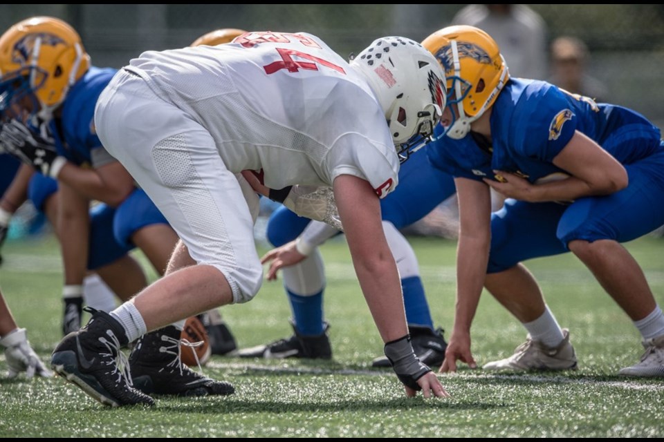 Lineman Joe McNulty lines up for the Carson Graham Eagles football team during his Grade 11 season. His entire Grade 12 season was wiped out by COVID-19 restrictions. 