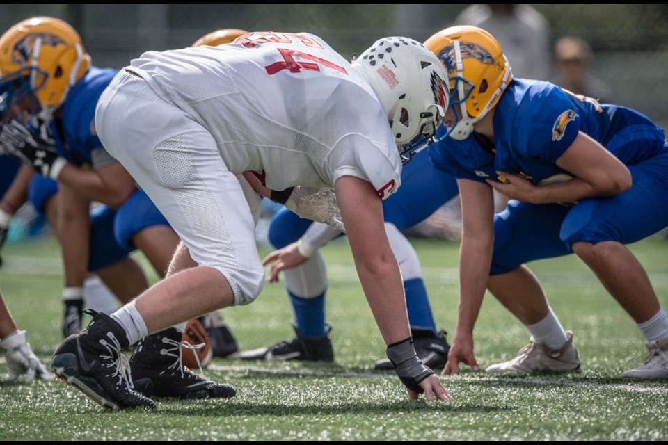 Lineman Joe McNulty lines up for the Carson Graham Eagles football team during his Grade 11 season. His entire Grade 12 season was wiped out by COVID-19 restrictions.