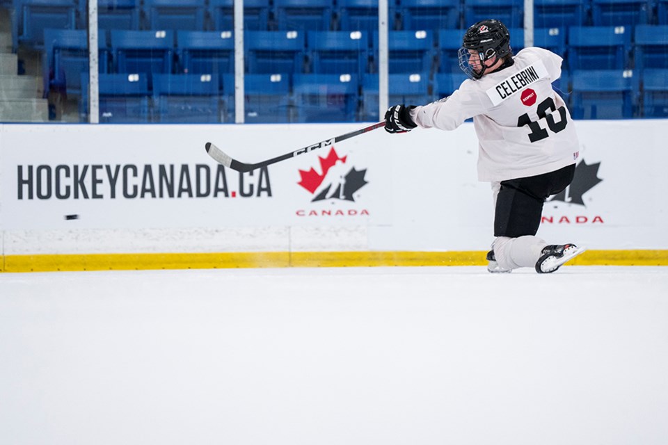 Macklin Celebrini fires a shot for Team Canada. The North Vancouver hockey star has picked up six points in the first two games for Team Canada at the IIHF World Junior Championship tournament in Sweden. | Thomas Skrlj / Hockey Canada Images 
