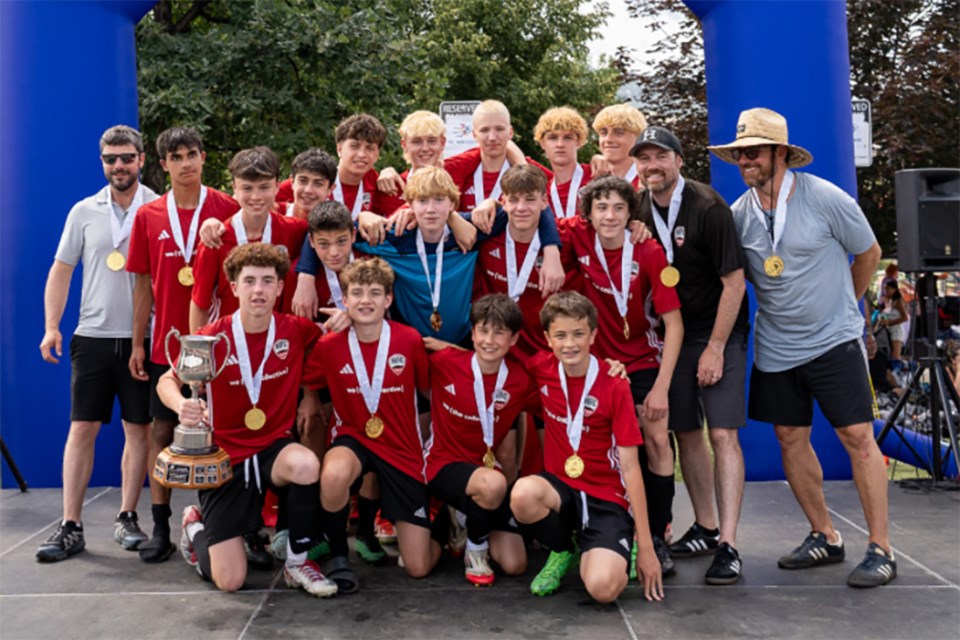 Members of the NVFC Maverick U15 boys team celebrate a gold medal win at the BC Soccer B Cup provincial championships July 13 in Kamloops. | BC Soccer