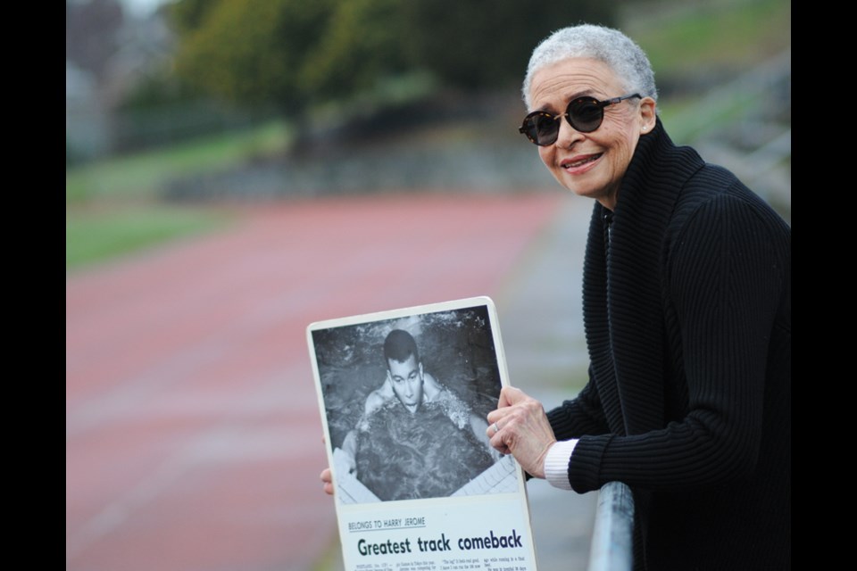 Valerie Jerome stands on the track at West Vancouver Secondary to be rebuilt and named the Harry Jerome Oval in honour of her brother.