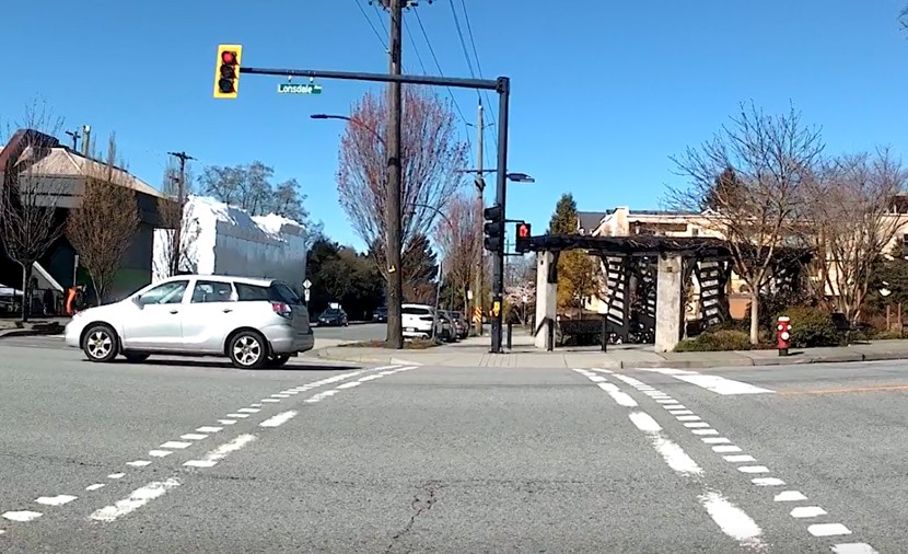 Here’s a photo of the crosswalk/crossride at 22nd Street where the Green Necklace crosses Lonsdale Avenue. The crossing is meant to be shared by pedestrians and people riding bikes.