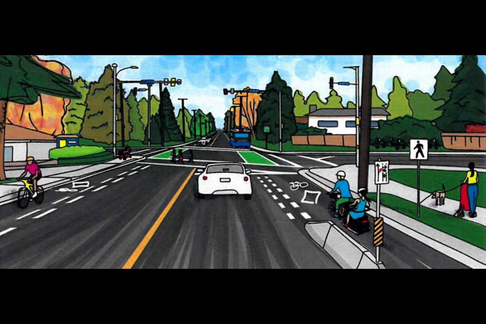  An artistic rendering shows the planned infrastructure changes along Lynn Valley Road north of Allan Road, looking south. Work is expected to start in summer 2022.