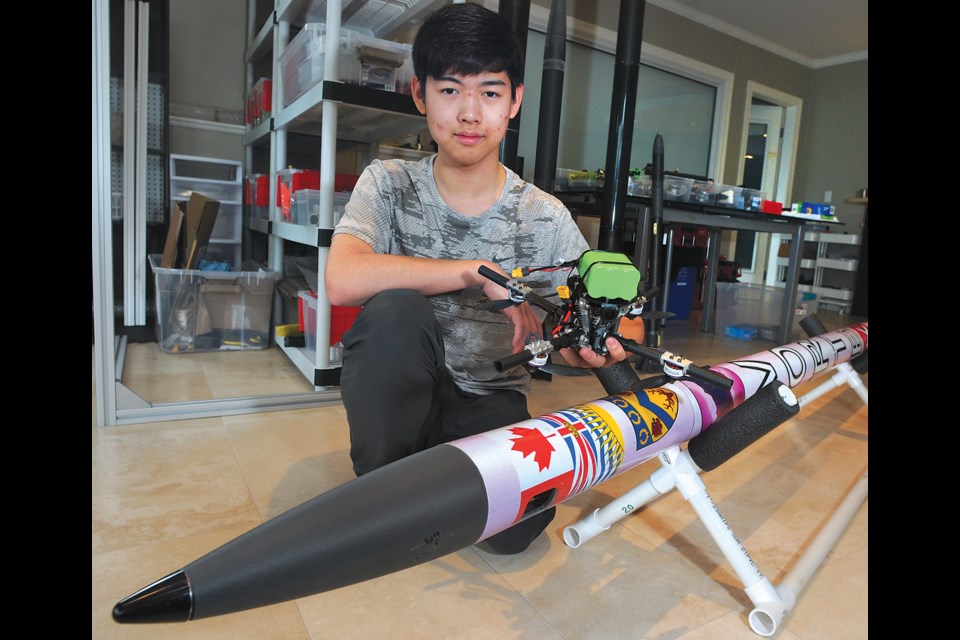 Jason Zhao’s science project, a rocket that deploys a drone to help detect and monitor wildfires, will compete in the International Science and Engineering Fair in Los Angeles May 11-17. | Paul McGrath / North Shore News