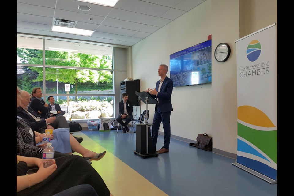 TransLink CEO Kevin Quinn speaks on priorities at a talk organized by North Vancouver Chamber at Delbrook Community Recreation Centre.