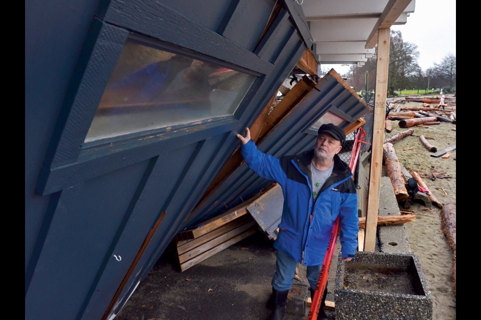 Hollyburn Sailing Club communications officer Mike Bretner surveys damage to the clubhouse from the Jan. 7, 2021, windstorm.