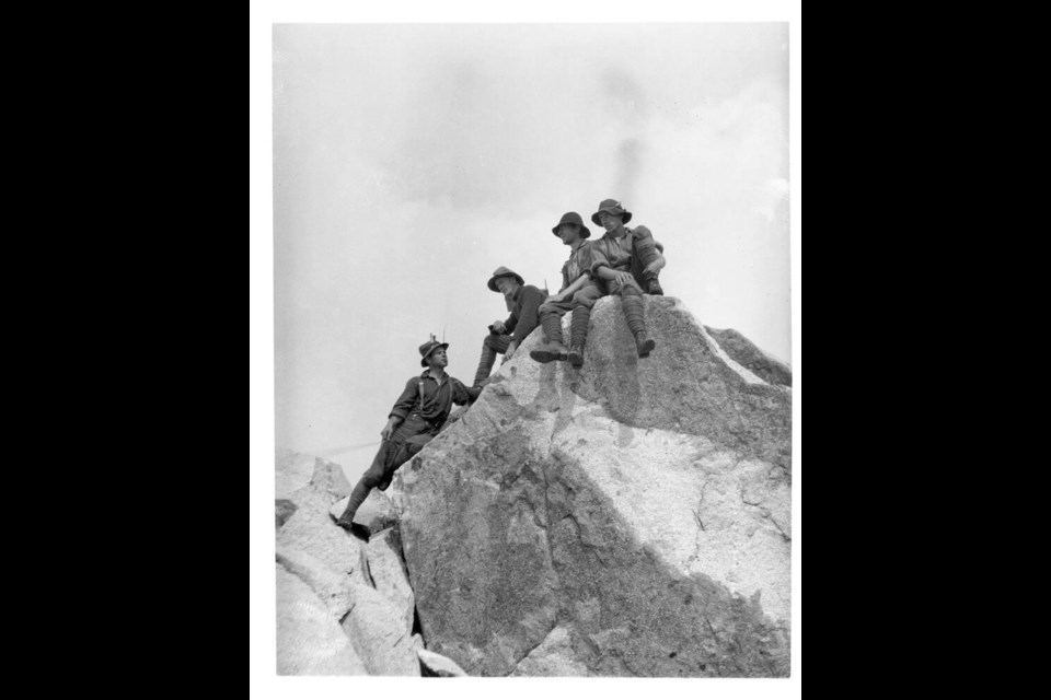 The crew at the peak after their second attempt at Cathedral Mountain on Aug. 7, 1909. | Courtesy of Lid Hawkins