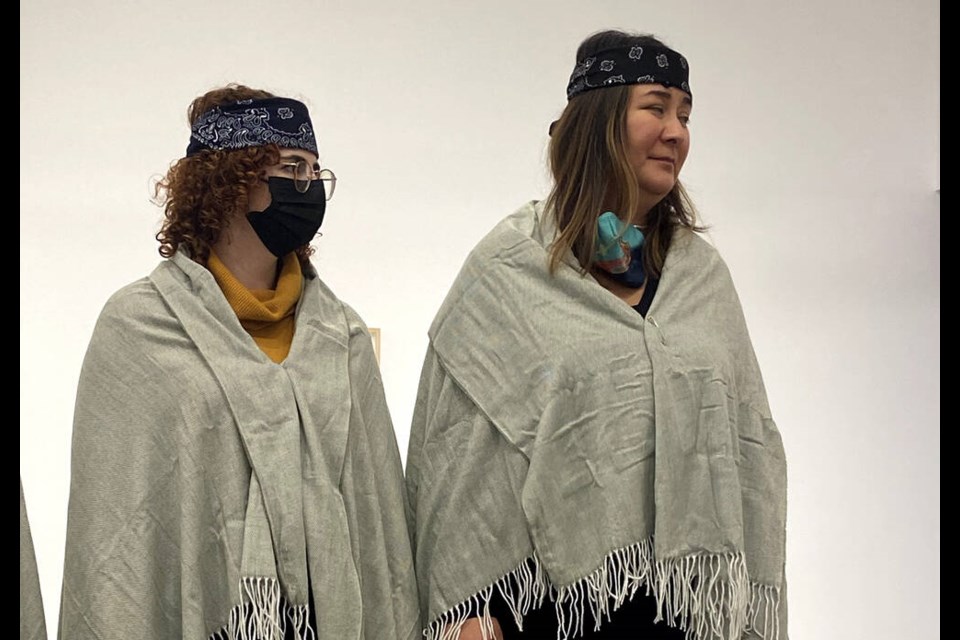 Simone Brodie (left) and Jennifer Kwong were two of the 12 teachers honoured in a blanketing ceremony. | North Vancouver School District 