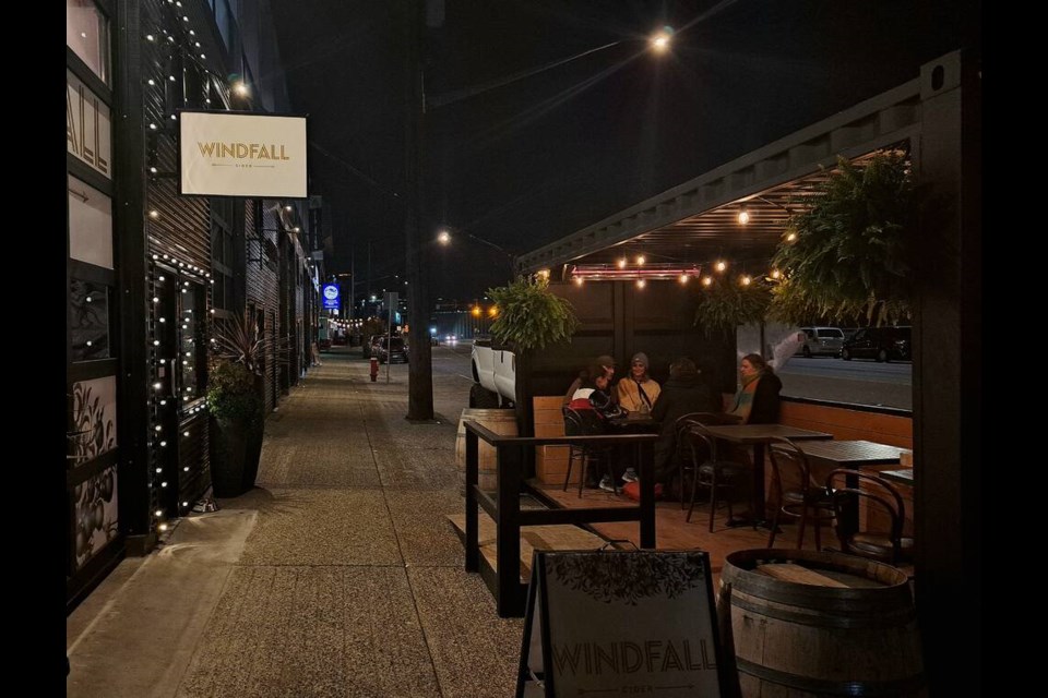 Windfall Cider's heated container patio. | Nick Laba / North Shore News