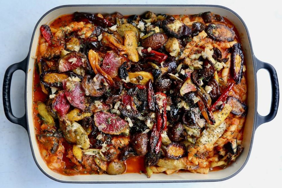 This deep-dish roast vegetable pasta is made from left-over hot pot vegetables and cheese.  | Laura Marie Neubert