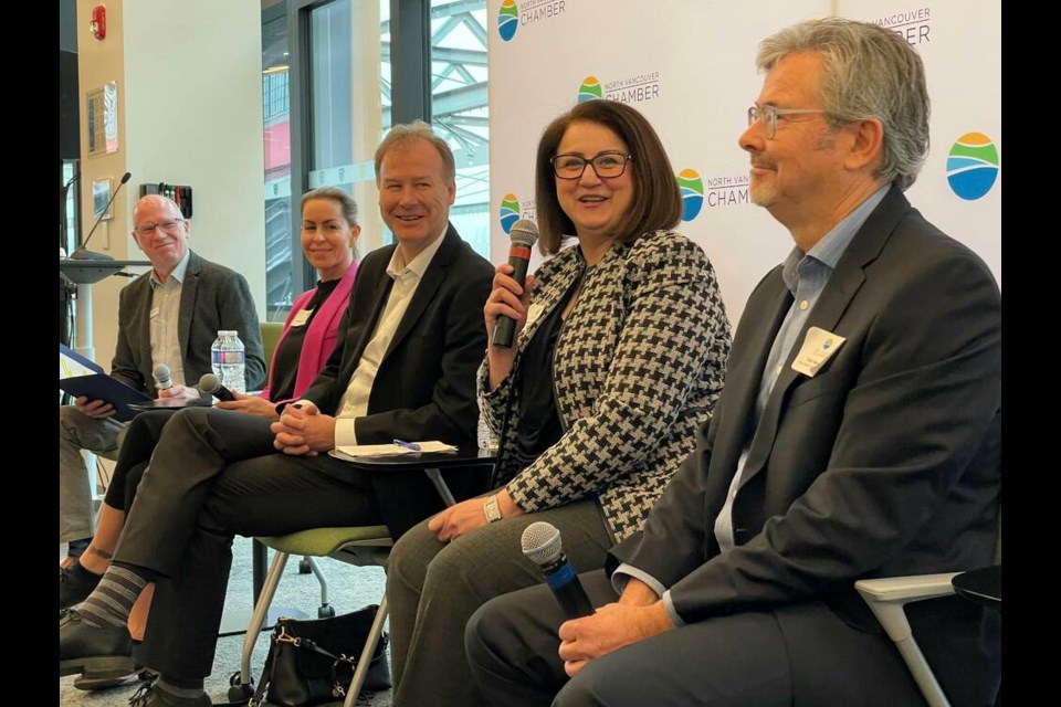 Business leaders including (from right) Nigel Bennett, co-founder of Aqua-Guard Spill Response, Sepideh Ebrahimi, executive director of Sunrise Senior Living, Grouse Mountain president Michael Cameron and Megan Owen-Evans, president of Fibreco, joined Chamber executive director Patrick Stafford-Smith for a panel discussion about the state of business on the North Shore, Jan. 24, 2023. | Jane Seyd / North Shore News