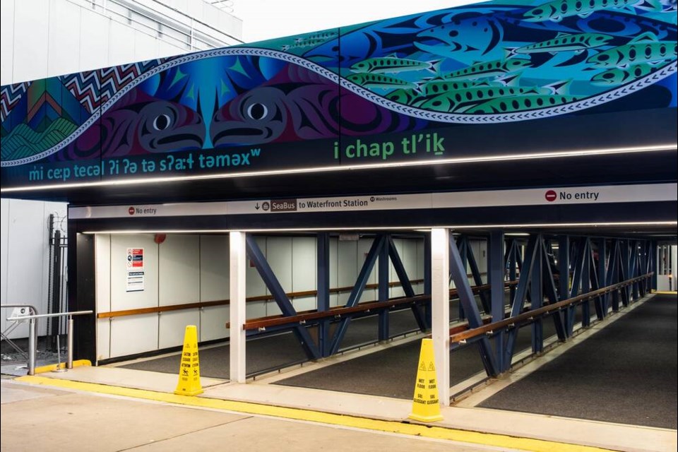 The signs feature messages in First Nations languages and art from Indigenous artists Kelly Cannell, Siobhan Joseph, and Angela George. | TransLink