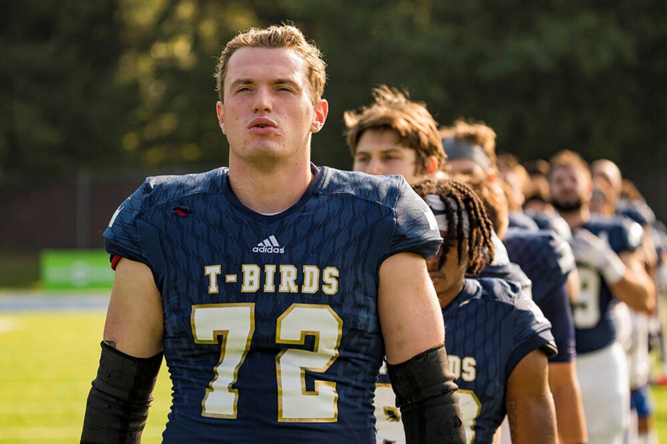 North Vancouver's Theo Benedet gets ready to take the field for the University of British Columbia Thunderbirds in a game against the University of Manitoba Bisons at Thunderbird Stadium Oct. 15, 2022. Benedet will play in the East-West Shrine Bowl Feb. 2 in Las Vegas. | Bob Frid / UBC Athletics 