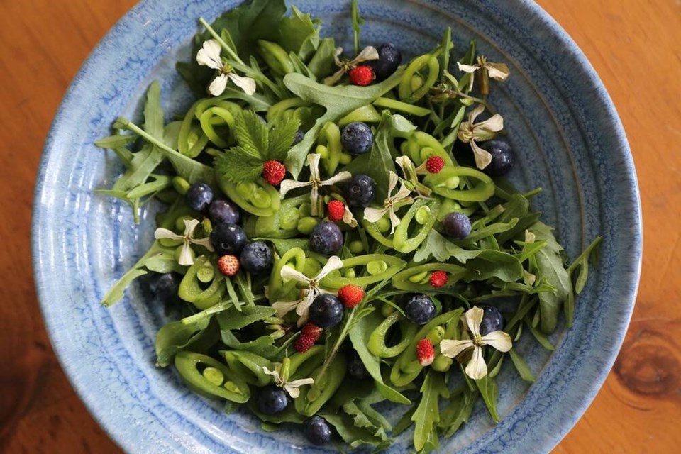 Phytonutrient fiesta: bias-cut sweet shelling peas, wild strawberry, blueberry, Italian endive, arugula flowers. | Laura Marie Neubert 