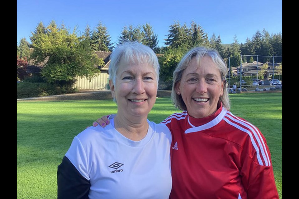 Original North Shore Thirty-Something Women's Soccer League players Edie Preugschat and Vicki Milner, shown here in August of 2022, are still playing 30 years after joining the new league. | photo supplied 